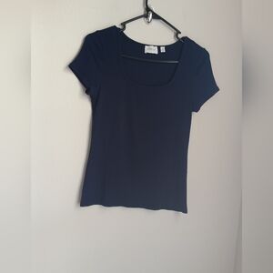 Cyrus Blouse Women M Blue Short Sleeve Top Minimalist Versatile Ribbed Academia